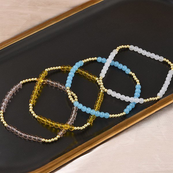 Brass & Glass Round Beaded Stretch Bracelets For Women, Rack Plating, Lead Free & Cadmium Free, Long-Lasting Plated, Mixed Color, Inner Diameter: 2-1/8 Inch(5.3Cm)-image