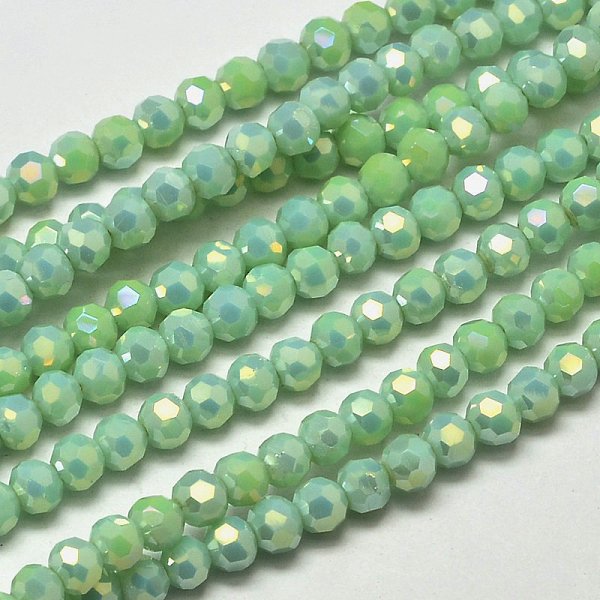 Sfaccettato Intorno Arcobaleno Pieno Placcato In Vetro Placca Fili Di Perline, Verde Chiaro, 4Mm, Foro: 1 Mm, Circa 90-95Pcs/Filo, 12.8-13.6 Pollice (32-34 Cm)-image