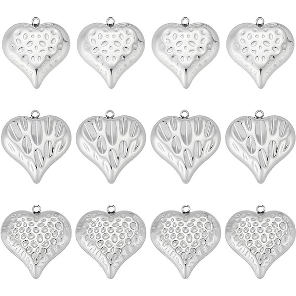 12 StüCk 3 Stile 304 EdelstahlanhäNger, Herz Charme, Anlaufschutz, Edelstahl Farbe, 25X23X9 Mm, Bohrung: 1.8 Mm, 4Pcs / Style-image