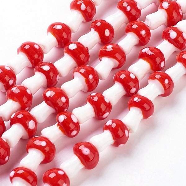 Autumn Theme Handmade Lampwork Beads Strands, Mushroom, Red, 16X12Mm, Hole: 1.8Mm, About 25Pcs/Strand, 16 Inch-image