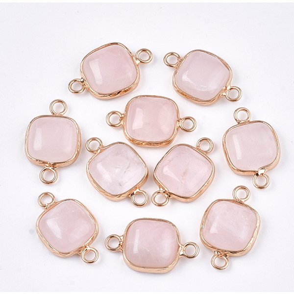 Connettori a maglie in quarzo rosa naturale, con accessori di ottone, quadrato, oro, 21x13x5-5.5mm, Foro: 2.5 mm