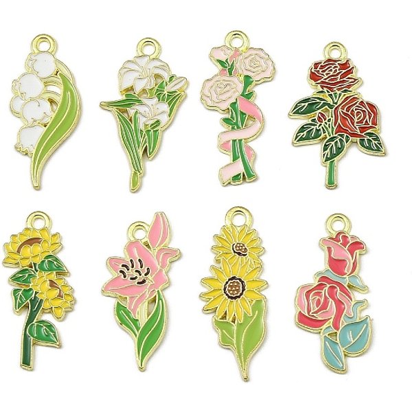 Alloy Enamel Pendants, Flower, Golden, Mixed Color, 30-32x15-19x1.5mm, Hole: 2mm