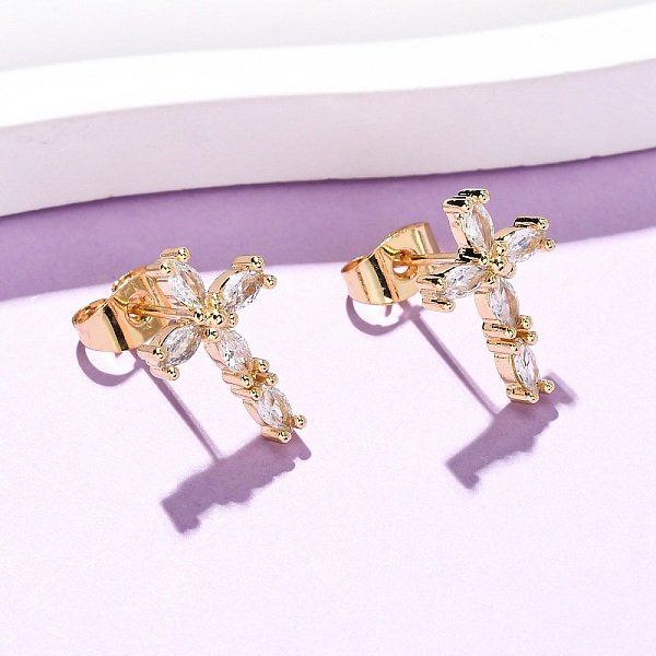 Brass Micro Pave Clear Cubic Zirconia Cross Stud Earrings, Real 18K Gold Plated, 14X9.5Mm-image