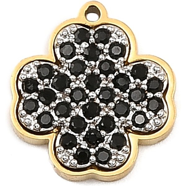 304 Stainless Steel Micro Pave Cubic Zirconia Charms, Cadmium Free & Nickel Free & Lead Free, Golden, Clover, 10.5X9.5X2Mm, Hole: 0.8Mm-image