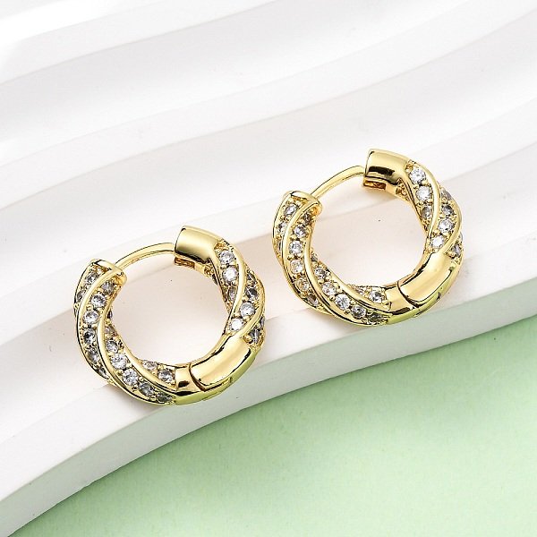 Boucles D'oreilles CréOles TorsadéEs En Laiton Avec Micro Pavé De Zircons Cubiques Transparents, VéRitable 16K Plaqué Or, 17X3.5Mm-image