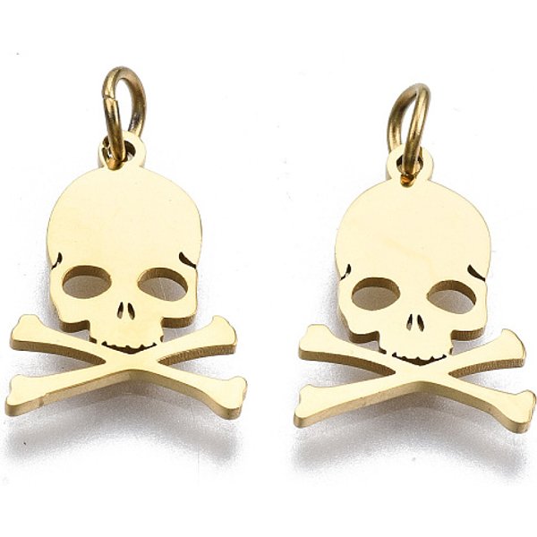 304 Stainless Steel Charms, with Jump Rings, Laser Cut, Skull, for Halloween, Real 14K Gold Plated, 13x9.5x1mm, Jump Ring: 3.8x0.6mm, 2.6mm inner diameter