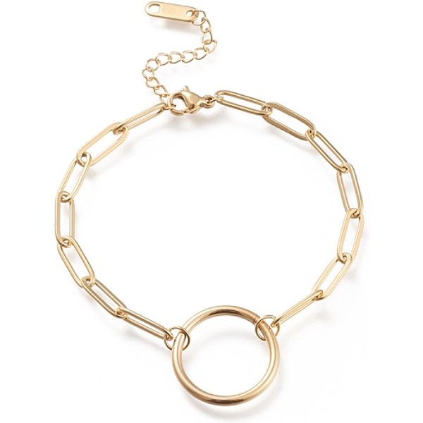 304 Stainless Steel Link Bracelets, With Paperclip Chains, Ring, Golden, 6-7/8 Inch(17.5Cm)-image