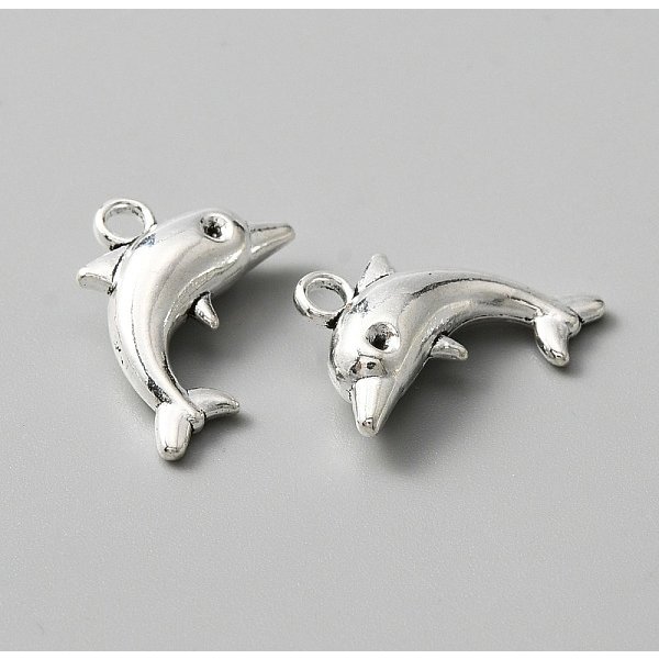 Tibetan Style Alloy Pendants, Dolphin Charms, Antique Silver, 11X18X5Mm, Hole: 2Mm-image