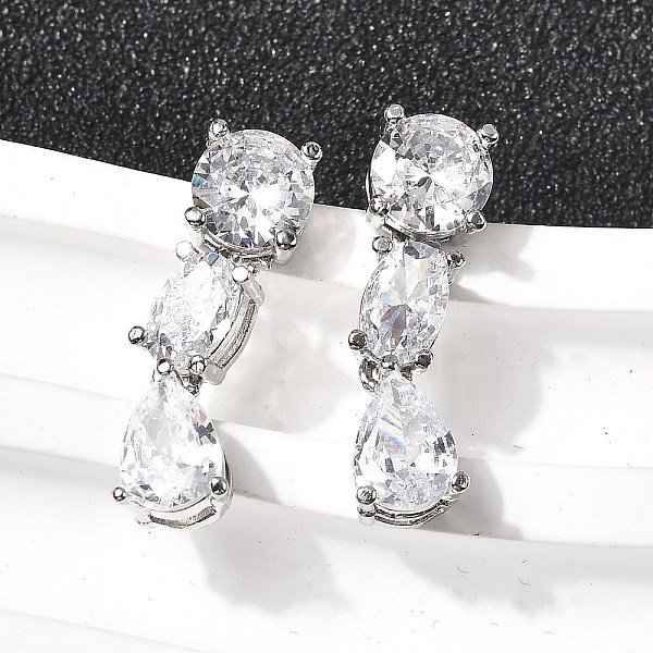 Messing Micro Pave Klare Zirkonia Tropfen Ohrstecker, Gestell, Langlebig Plattiert, Cadmiumfrei Und Bleifrei, Platin Farbe, 20.5X6 Mm-image