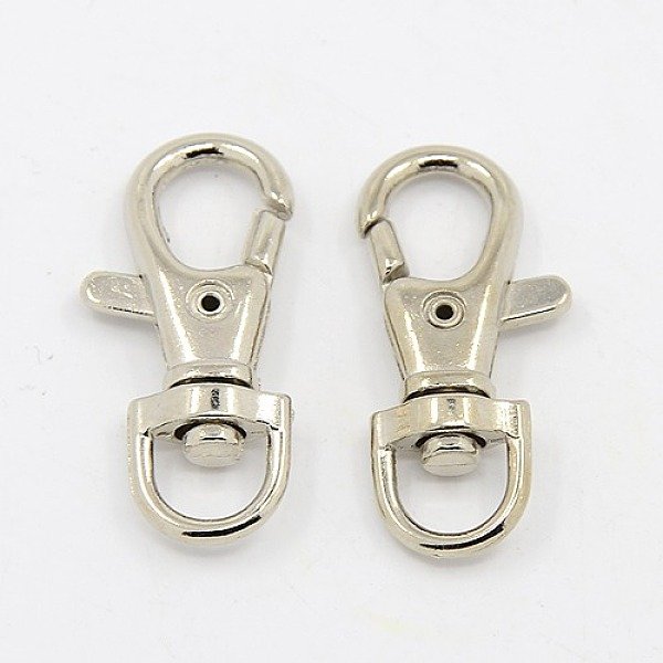Lega aragosta artiglio fermagli girevole, girevole moschettone, risultati dei monili fini, cadmio& piombo libero, colore platino, misura:circa39mm lunghezza, 17 mm di larghezza, 7 mm di spessore, foro: 6mm di larghezza, 9 mm di lunghezza