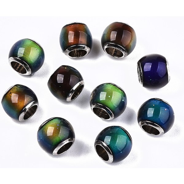Glass European Beads, Large Hole Beads, with Platinum Tone Brass Double Cores, Rondelle, Changing Color Mood Beads, Colorful, 7-8x6-7mm, Hole: 4mm