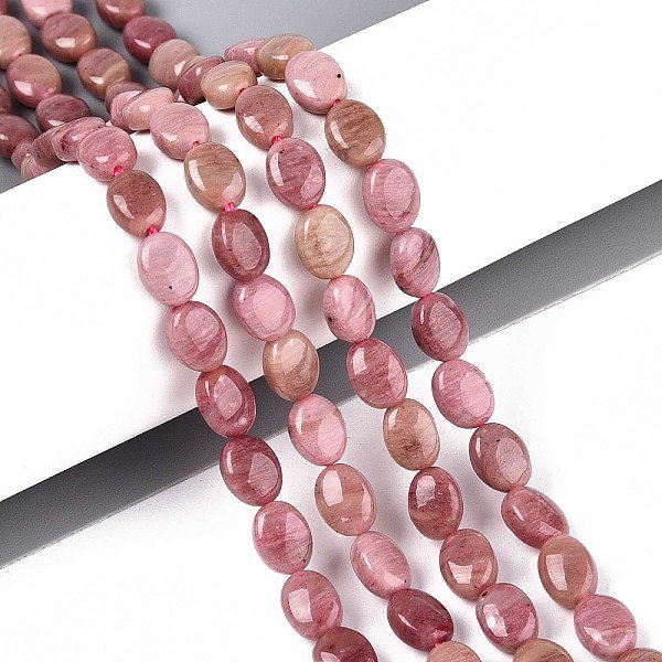 Natural Rhodonite Beads Strands, Flat Oval, 8X6X4Mm, Hole: 0.8Mm, About 48-49Pcs/Strand, 14.88-15.16''(37.8-38.5Cm)-image