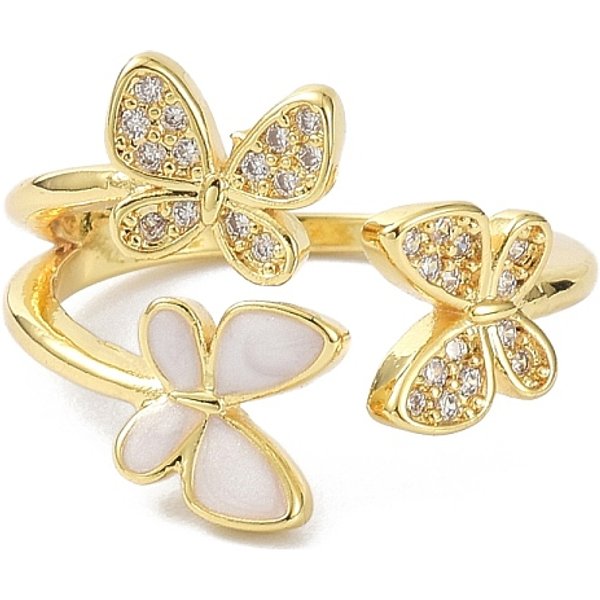 Mariposa real 18k anillos de puño chapado en oro para niña regalo de mujer, anillos abiertos de circonita cúbica micro pavé de latón, con resina, blanco, nosotros tamaño 6 3/4 (17.1 mm)