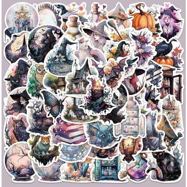 50Pcs Halloween Witch Theme Pvc Self-Adhesive Cartoon Stickers, Waterproof Decals For Suitcase, Skateboard, Refrigerator, Helmet, Mobile Phone Shell, Witch, 50X40Mm-image