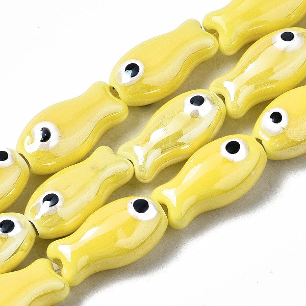 Handmade Porcelain Ceramic Beads Strands, Bright Glazed Porcelain, Fish, Yellow, 19X10X8Mm, Hole: 1.5Mm, About 17Pcs/Strand, 12.40 Inch(31.5Cm)-image