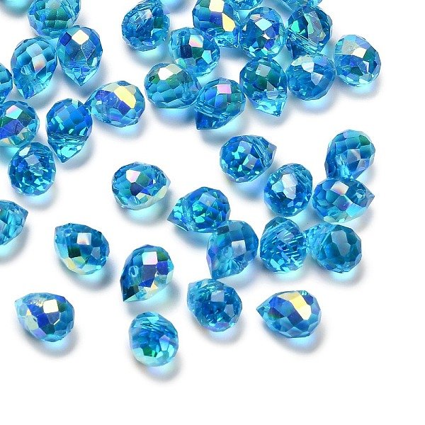 Breloques En Verre Transparent, Larme, Facette, De Couleur PlaquéE Ab , Bleu, 10X7.5Mm, Trou: 1.2Mm-image