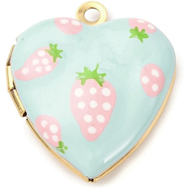 304 Stainless Steel Heart Locket Pendants, with Enamel, Real 18K Gold Plated, Ion Plating(IP), Cadmium Free & Nickel Free & Lead Free, Strawberry, 22.5x19x6.5mm, Hole: 1.7mm