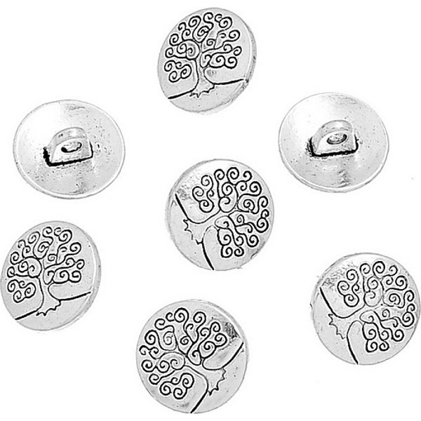 Zinc Metal Alloy Shank Buttons, Flat Round With Tree Of Life, Antique Silver, 14.5X7Mm, Hole: 2.5Mm-image