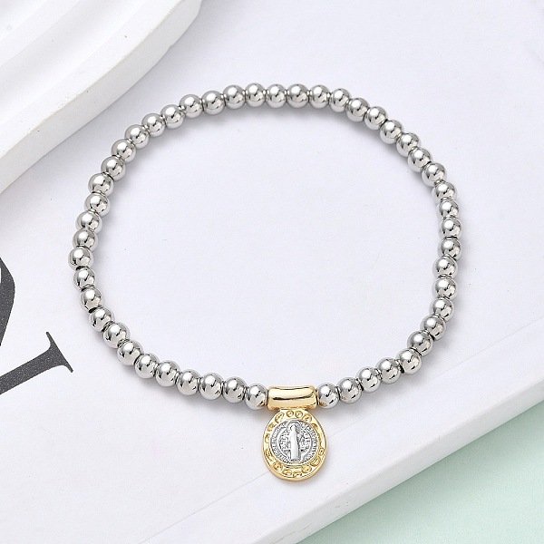 Brass Oval Charms Bracelets, Brass Round Beaded Stretch Bracelets For Women, Rack Plating, Long-Lasting Plated, Lead Free & Cadmium Free, Real Gold Plated & Real Platinum Plated, Jesus, Inner Diameter: 1-7/8 Inch(4.8Cm)-image