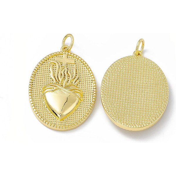 Cremagliera Pendenti In Ottone Placcatura, Placcato Di Lunga Durata, Piombo & Cadimo Libero, Con Anello Di Salto, Tondo Piatto Con Ciondolo Cuore E Croce, Vero Placcato Oro 16K, 25X20X4Mm, Foro: 3 Mm-image