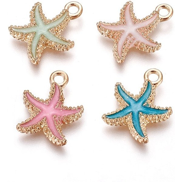 Alloy Enamel Pendants, Starfish/Sea Stars, Light Gold, Mixed Color, 18X14.5X3Mm, Hole: 1.4Mm-image