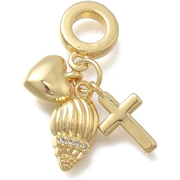 Messing Mikro Pflastern Klare Kubik Zirkonia EuropäIsche Baumeln Charme, Kreuz Herz AnhäNger Mit GroßEm Loch, Cadmiumfrei Und Bleifrei, Langlebig Plattiert, Gestell, Echtes 18K Vergoldet, Schalenform, 26.5 Mm, Bohrung: 5.5 Mm, Shell...-image