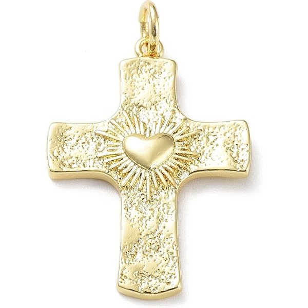 Rack Plating Eco-Friendly Brass Pendants, With Jump Ring, Long-Lasting Plated, Lead Free & Cadmium Free, Cross With Heart Charm, Real 18K Gold Plated, 31X22X3Mm, Hole: 4Mm-image