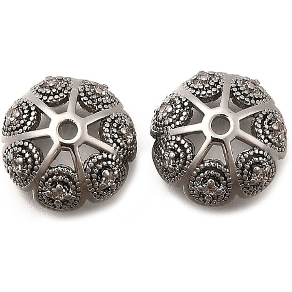 Capuchons De Perles En Zircone Cubique Transparent Micro Pave En Laiton, Fleur, Platine, 12X5.5Mm, Trou: 1.6Mm-image