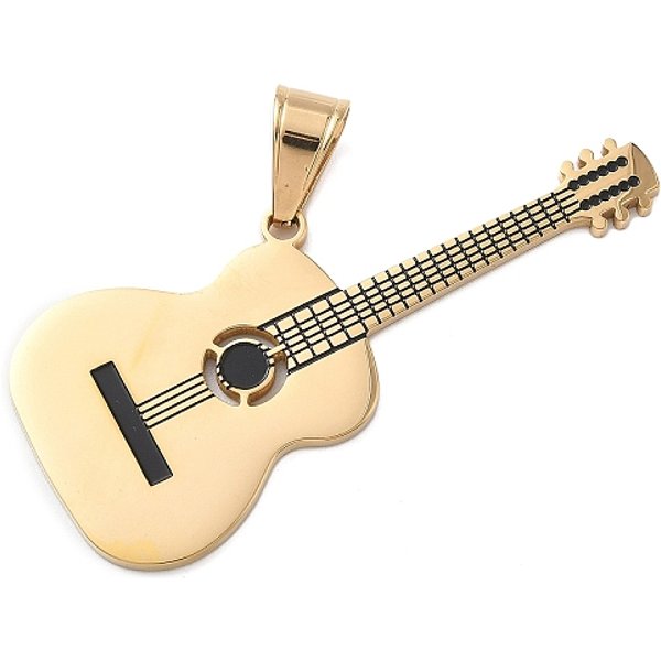 316 Chirurgischer Edelstahl Emaille GroßE AnhäNger, Gitarre, Vakuum-Beschichtung, Echtes 18K Vergoldet, Schwarz, 72X31X2.5 Mm, Bohrung: 12X6 Mm-image