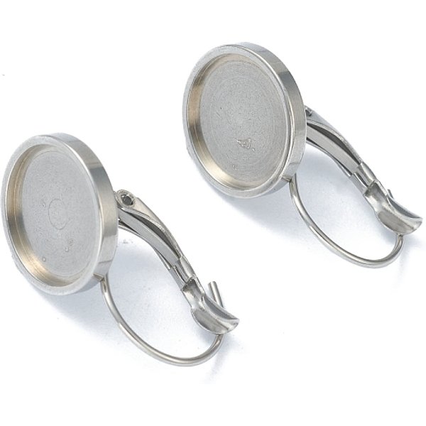 AnlaufgeschüTzte OhrringbeschläGe Aus Edelstahl 304 Mit Klappverschluss, Mit Flachen Runden Tabletts Einstellung FüR Cabochon, Edelstahl Farbe, Fach: 12 Mm, 24X14X17 Mm, Stift: 0.8 Mm-image