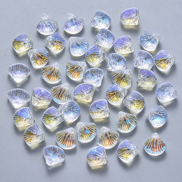 Transparent Spray Painted Glass Beads, Top Drilled Beads, Ab Color Plated, Scallop Shape, Clear Ab, 10X10.5X6Mm, Hole: 1Mm-image
