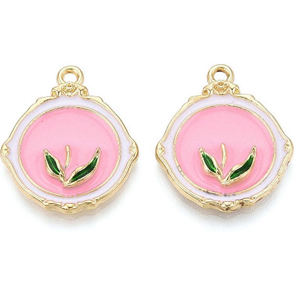 Cremagliera Pendenti Dello Smalto Della Lega Di Placcatura, Piatto Rotondo E Foglia, Cadmio& Piombo Libero, Oro Chiaro, Perla Rosa, 27.5X23X4Mm, Foro: 2 Mm-image
