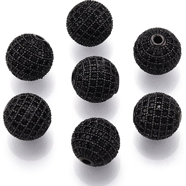 Brass Micro Pave Cubic Zirconia Beads, Cadmium Free & Lead Free, Round, Black, Gunmetal, 12Mm-image