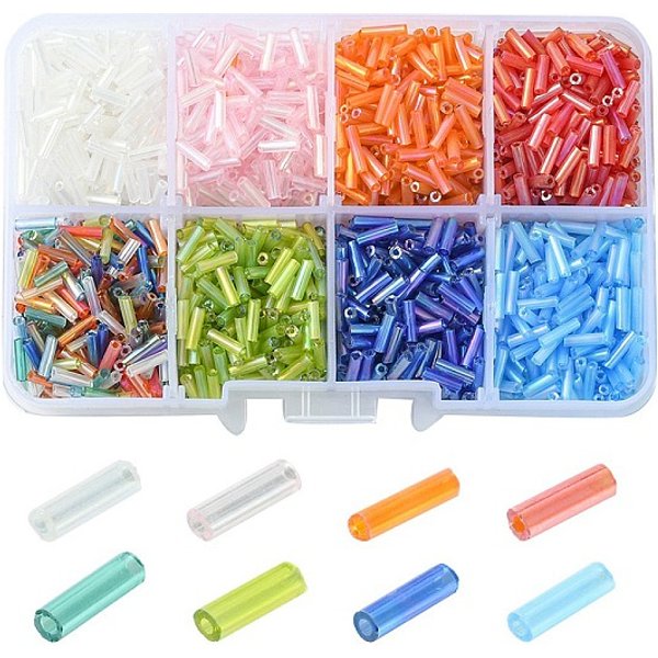 96G 8 Colors Transparent Colours Rainbow Glass Bugle Beads, Ab Color, Mixed Color, 6X1.8Mm, Hole: 0.6Mm, About 12G/Color-image