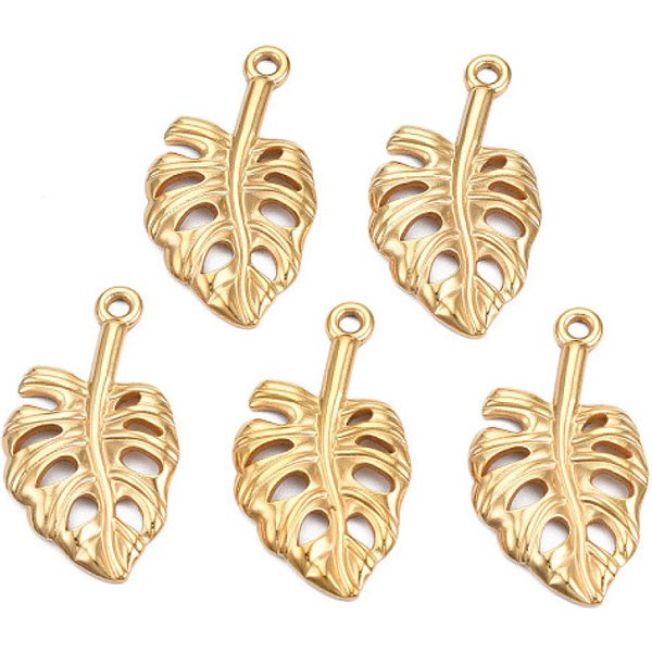 Pendentifs En Acier Inoxydable 304 Avec Placage Ionique (Ip), Breloques De Feuilles Tropicales, Feuille De Monstera, Sans Nickel, VéRitable 18K Plaqué Or, 35X19.5X2.5Mm, Trou: 2Mm-image