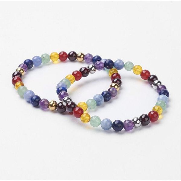 Chakra-Schmuck, Edelstein-Stretch-ArmbäNder, Mit Glatten, Runden Perlen Aus Edelstahl 304, Mischfarbe, 2 Zoll (52 Mm)-image