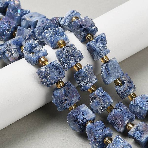 Electroplated Natural Druzy Agate Beads Strands, Cube, With Seed Beads, Steel Blue, 9.5-11X8-10X9.5-10.5Mm, Hole: 1Mm, About 14Pcs/Strand, 7.20''(18.3Cm)-image