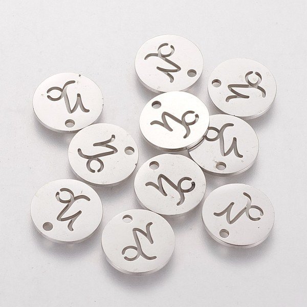 Breloques En Acier Inoxydable 304 Anti-Ternissement, Plat Rond Avec Constellation / Signe Du Zodiaque, Capricorne, 12X1Mm, Trou: 1.5Mm-image