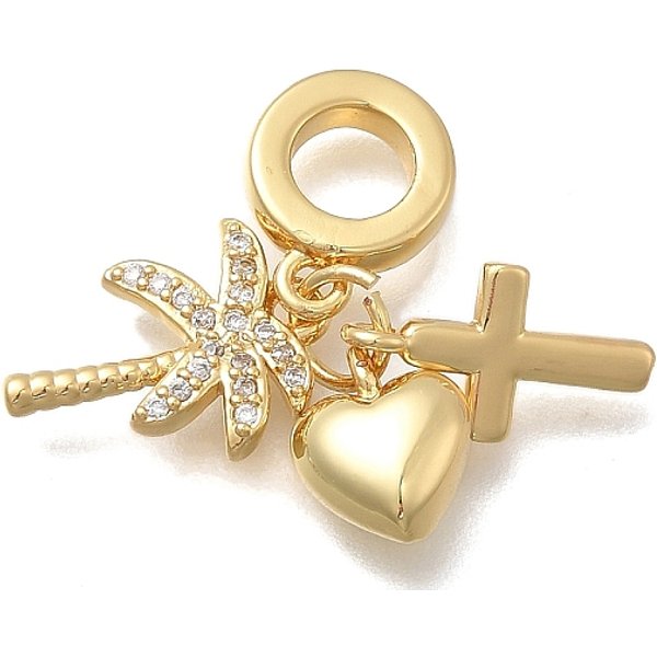 Breloques EuropéEnnes En Laiton Micro Pavé Clair Zircone Cubique, Pendentifs à Gros Trous En Forme De CœUr Et De Croix, Sans Cadmium Et Sans Plomb, Plaqué Longue DuréE, CréMaillèRe Plaquage, VéRitable 18K Plaqué Or, Arbre, 26Mm, Trou: 5.5Mm-image