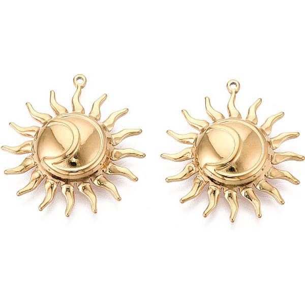 Ciondoli In Acciaio Inox 304, Placcatura Ionica (Ip), Fascino Del Sole, Vero Placcato Oro 18K, 28X25X5Mm, Foro: 1 Mm-image