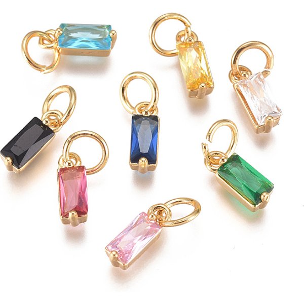Adornos De LatóN Micropavé De Circonia CúBica, Encantos De Piedra De Nacimiento, Plateado De Larga DuracióN, Con Anillo De Salto, Real 18K Chapado En Oro, RectáNgulo, Color Mezclado, 10X3X3Mm, Agujero: 3 Mm-image
