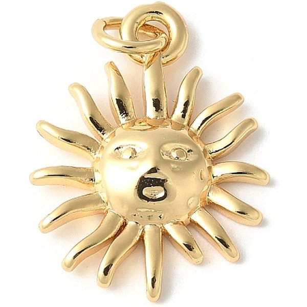Brass Sun Face Pendants, Cadmium Free & Lead Free, Real 18K Gold Plated, 21x16x3mm, Hole: 3.5mm
