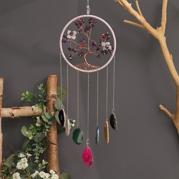 Brass Wire Wrapped Natural Amethyst Chips Tree Of Life Pendant Decorations, Natural Agate Slice Tassel For Home Hanging Decor, 515Mm-image