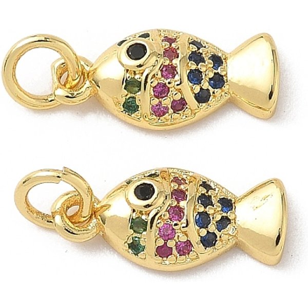 Brass Micro Pave Cubic Zirconia Pendants, Real 18K Gold Plated, With Jump Ring, Fish, 15X7X3Mm, Hole: 3.3Mm-image