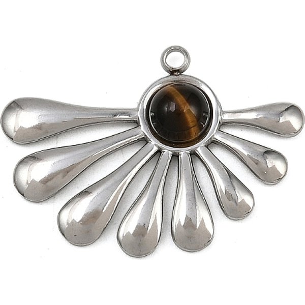 Natural Tiger Eye Pendants, Fan Flower Charms, With 304 Stainless Steel Settings, Stainless Steel Color, 22X30X4.5Mm, Hole: 1.8Mm-image