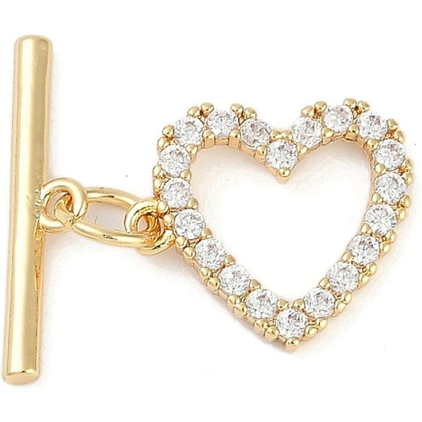Brass Micro Pave Clear Cubic Zirconia Toggle Clasps, Cadmium Free & Nickel Free & Lead Free, Heart, Real 18K Gold Plated, Heart: 12X14X2Mm, Hole: 1.2Mm, Bar: 17.5X4X1.5Mm, Hole: 1.5Mm-image