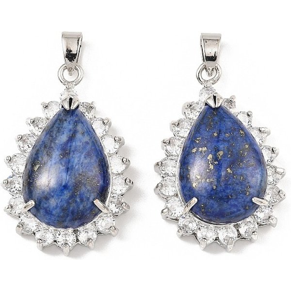 Gefärbte natürliche Lapislazuli- und Strassanhänger, mit platinfarbener Gestellbeschichtung, Messingdrahtwicklung, langlebig plattiert, Bleifrei und cadmium frei, Träne, 40x26x13 mm, Bohrung: 6x4.5 mm