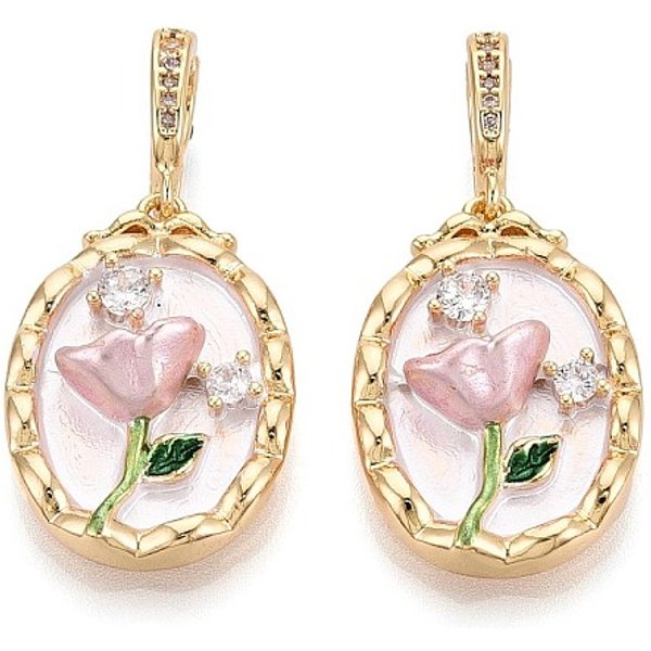 Spray Painted Brass Pave Clear Cubic Zirconia Fold Over Clasps, Oval With Flower, Pink, 33X23X16Mm, Hole: 4Mm-image