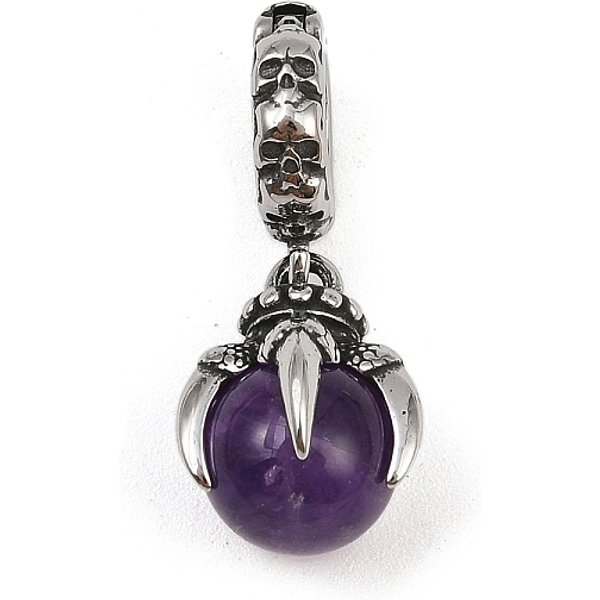 Dragon Claw 316 Surgical Stainless Steel & Round Natural Amethyst Pendant Decoration, 23-24mm