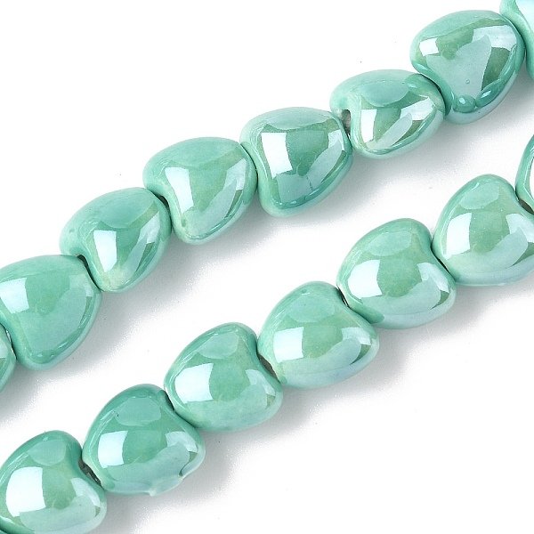 Handmade Porcelain Beads Strands, Heart, Bright Glazed Porcelain, Turquoise, 9.5X10X6.5Mm, Hole: 1.6Mm, About 40Pcs/Strand, 14.57''(37Cm)-image